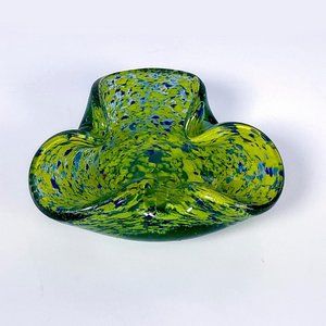 Vintage Murano Art Glass, Heavy Green Bowl With Gold And Blue Flecks